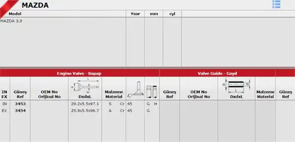 GÜNEŞ 3453-3454 | Subap Takım Mazda 3 BK 03 10 1 6 16v B6ze Z6
