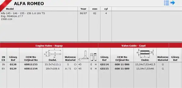 GÜNEŞ 01280129 | Takım Subap 16v Alfa Romeo Alfa 145 146 155 156 16 18 20 Fiat Marea 20 20v 96