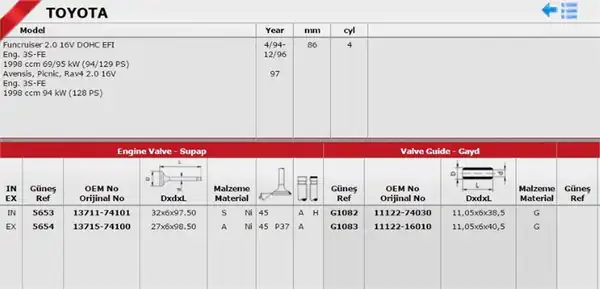 GÜNEŞ 5653-5654 | Takım Subap Toyota Avensis Carina Rav4 2 0 16v 97 02