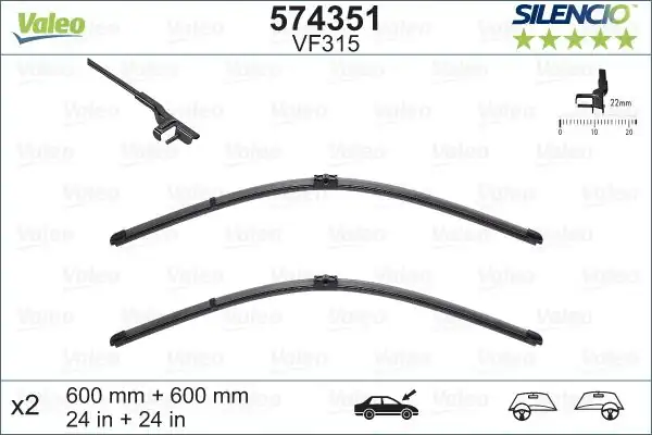 Valeo 574351 Ön Silecek Takım Silencio Flat Blade 600 600mm VW Transporter 03 15 Mercedes C Series