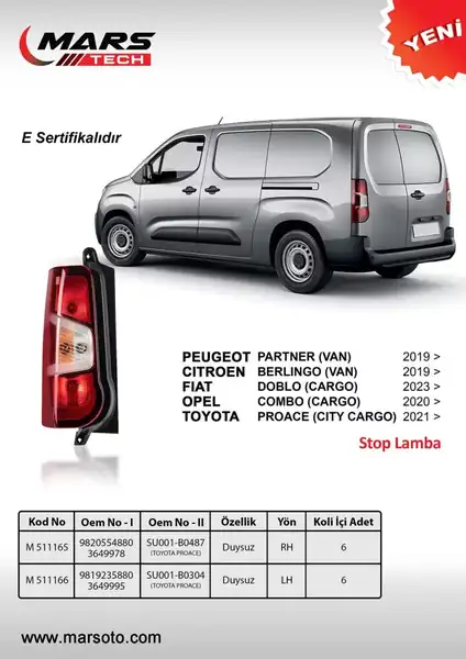 Stop Lambası Sol Çift Kapı Rifter Berlingo Doblo Combo E Duysuz 19