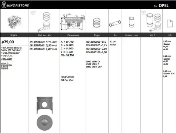 KİNG 183050260 | Piston 79 00 mm Std Opel Astra G Corsa C Combo C 1 7 Dtı 16v Y17dt Y17dtl 4 Adet