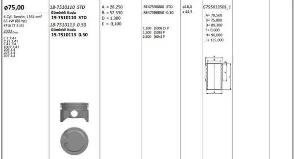 KİNG 19-7510110 | Piston Segman Gomlek Kit 75 Stdmm Riken Segmanlı C2 C3 C4 1007 206 207 307 1 4 İ C 4 Adet