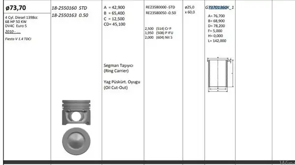 KİNG G73701360K-1M | Gomlek 73 70mm Std Ford Fiesta 1 4 TDCI 02 Dv4 4 Adet