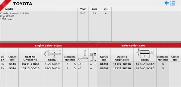 GÜNEŞ 5643-5644-1 | Subap Takımı Corolla 1 6 16v Enj. 2001 Corolla Vvt İ IN 8 Ex 8 3zz Fe 4zz Fe Stellitli Lpgli