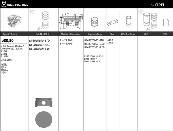 KİNG 183010800 | Piston 80 50mm Std Astra G H Vectra B C 1 8 Z18xe X18xe Riken Segmanlı 4 Adet