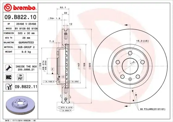 BREMBO 09B82211 | Ön Fren Aynası A4 A5 A6 A7 Q5 320x30x28xhavali