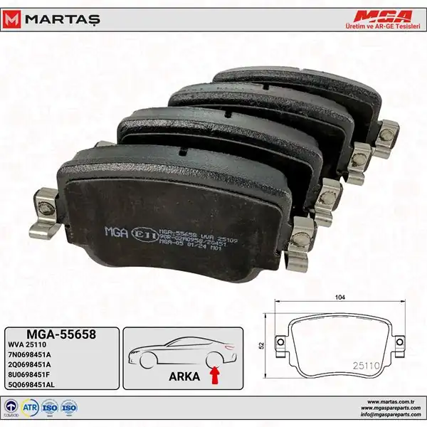 MGA 55658 | Arka Fren Balatası-(VW Caddy 16-Golf 16 Passat 15-Polo 18-Seat Leon 13-16 Skoda Octavia 13-17)