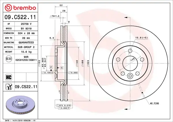 BREMBO 09C52211 | Ön Fren Aynası Adet Volvo Xc60 D3 D4 D5 2 4d 2 0t 3 2 T5 T6 2008 2017 Cap 324x5 Bjn Delikli