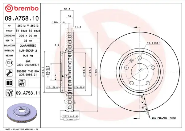 BREMBO 09A75811 | Ön Fren Aynası Havalı A4 A4 Avant 1 8 TFSI 2 0 TFSI 2 0 TDI 2 7 TDI 3 0 TDI 3 2 FSI Quattro S4 Quatt 986479468 Df6015s
