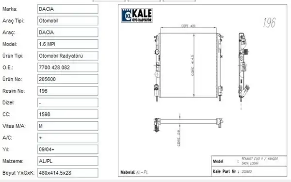 KALE 0528292AL | Radyatör Clio II Kangoo Logan Symbol İ II 1 2 1 6 1 5 dCi Ac